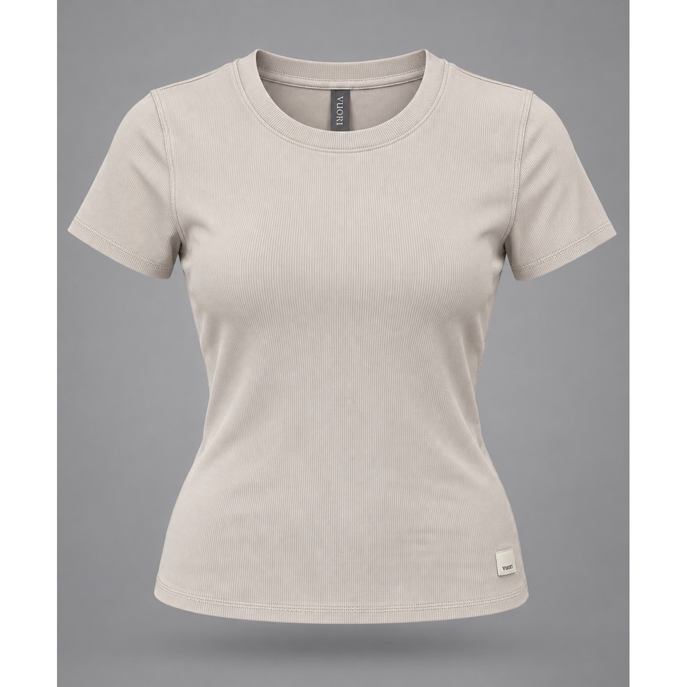 Vuori Mudra (Pose) Fitted Tee Ribbed Short Sleeve Crew Neck Top Tan VW169 Size M